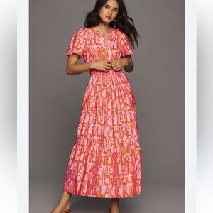 ANTHROPOLOGIE Tiered Pink & Orange Graphic Maxi Dress